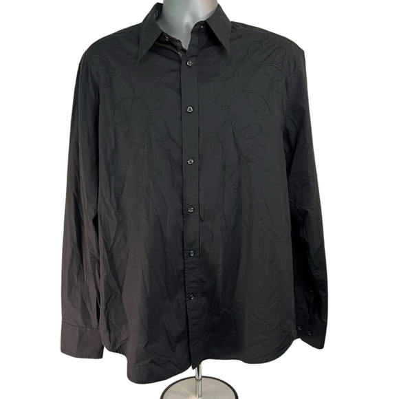 Pronto-Uomo Black Long Sleeve Embroidered Cotton Button Down, Size L - Picture 1 of 8